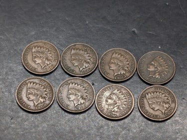 Lot of 8 Various Dated Indian Head Cents. 1880, 1890, 1908, 1903, (2) 1905, 1906, &1907.