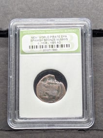 c. 1608-1695 AD New World Pirate Era Spanish Bronze Nummis Coin. Slabbed Not Sealed.