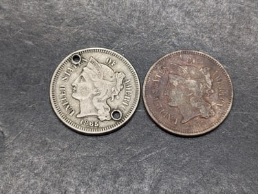 3 Cent Nickels. 1865 & 1865 Damaged With Holes