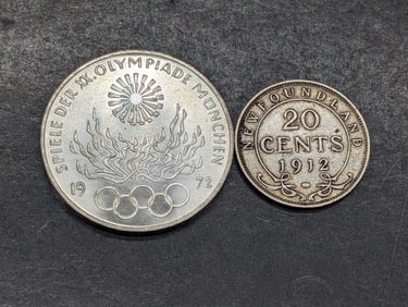 1912 Newfoundland 20 Cents Silver Coin & 1972-G Germany 10 Marks Silver Coin