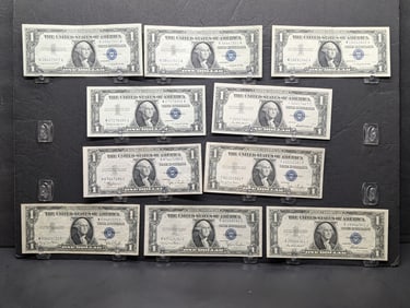 Lot of Ten $1.00 Silver Certificates *VF* Including Star Note. 1935 C, (3) 1935 D (one Trinary With