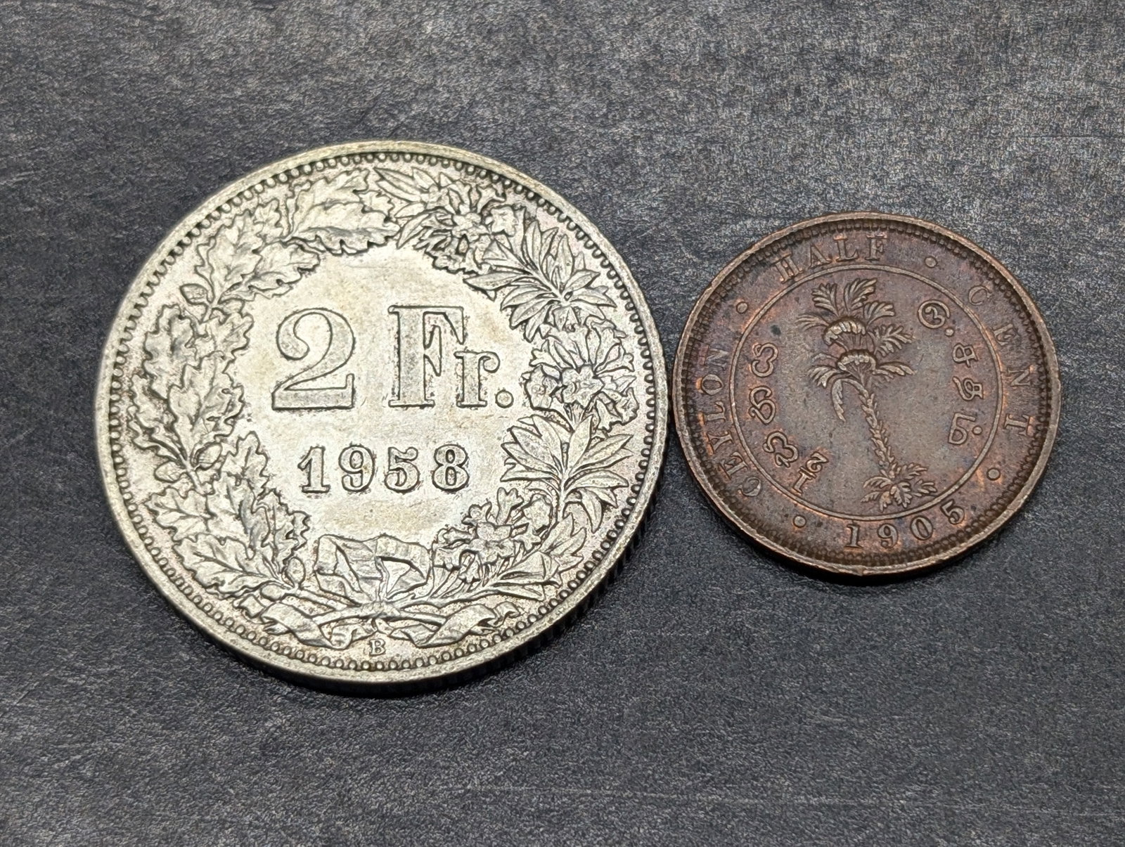 1958 Switzerland 2 Silver Francs & 1905 Ceylon 1/2 Cent: 1958 Switzerland 2 Silver Francs & 1905 Ceylon 1/2 Cent