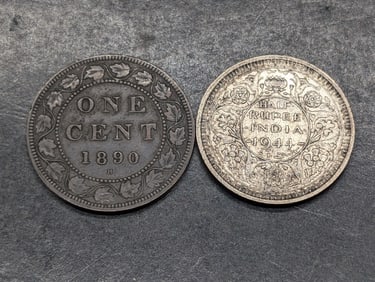 1944 India 1/2 Silver Rupee *BU* & 1890-H Canada 1 Cent