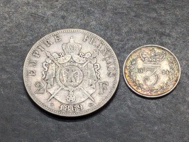 1869 France 2 Silver Francs & 1874 Great Britain 3 Silver Pence