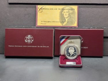 1993-S PROOF Thomas Jefferson 250th Anniv. Commem Silver Dollar in OGP w/ COA