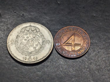 1949-TS Sweden 2 Silver Kronor (KM-815) & 1932 Germany 4 Reichspfennig