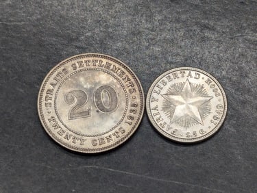 1935 Straits Settlements 20 Silver Cents & 1949 Caribbean Island 10 Silver Centavos