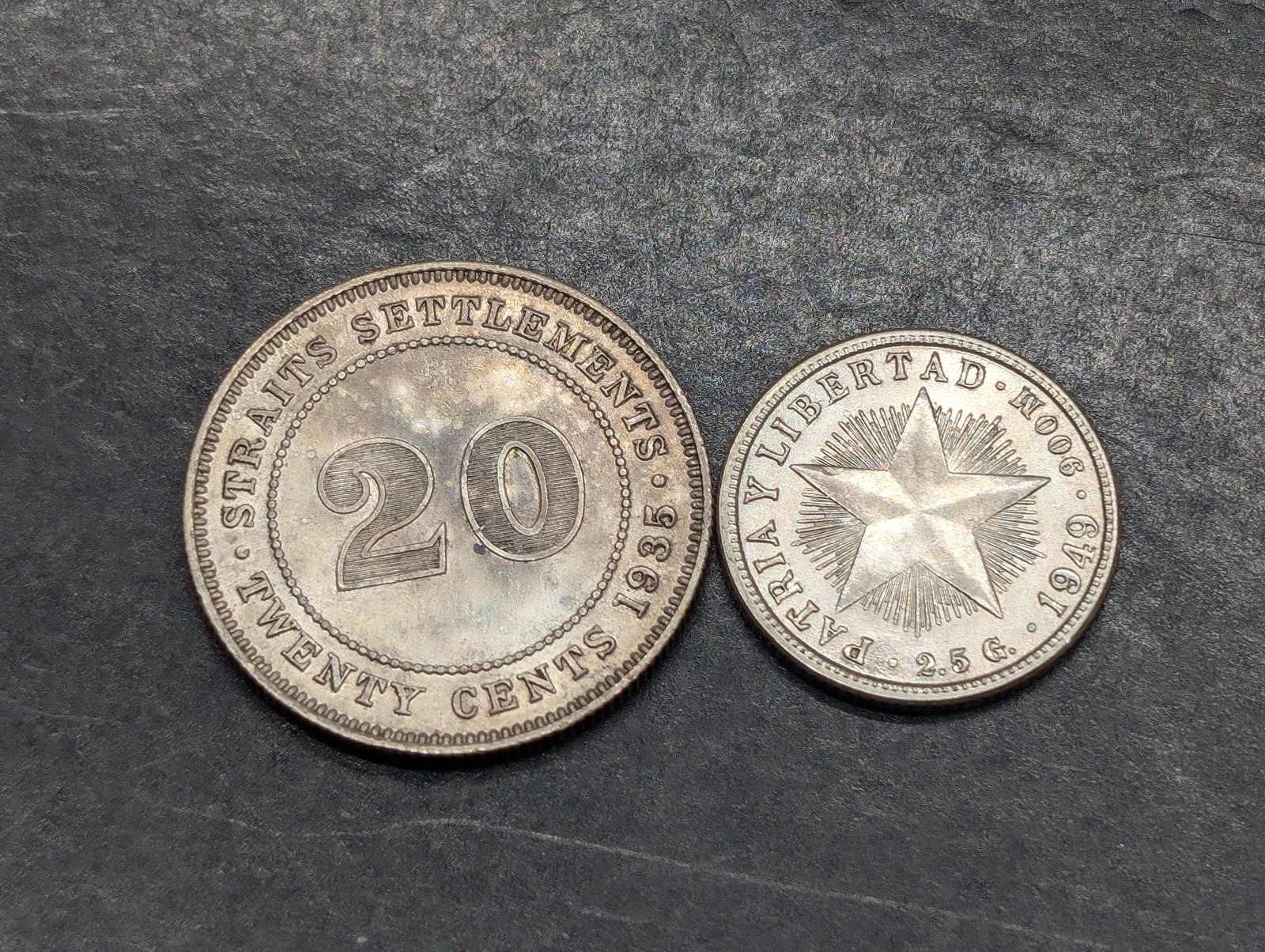 1935 Straits Settlements 20 Silver Cents & 1949 Caribbean Island 10 Silver Centavos (1 of 2)