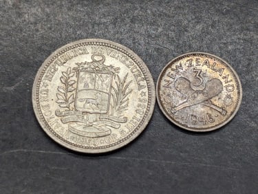 1965 South America 1 Silver Bolivar & 1946 New Zealand 3 Silver Pence