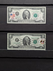 Lot of Two 1976 Series $2.00 Federal Reserve Notes w/ First Day of Issue Stamps
