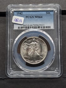 1942 Walking Liberty Half Dollar Slabbed by PCGS, top grader, MS64. Bright White