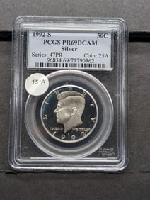 1992-S Silver Kennedy Half. Slabbed by PCGS, top grader, as Proof 69, Deep Cameo.