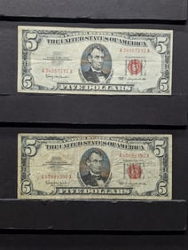 Lot of Two 1963 Series $5.00 RED SEAL Banknotes