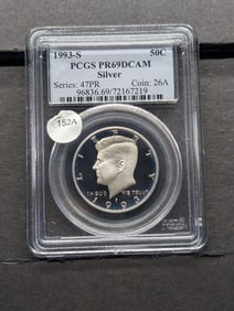1993-S Silver Kennedy Half. Slabbed by PCGS, top grader, as Proof 69, Deep Cameo.