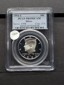 1994-S Silver Kennedy Half. Slabbed by PCGS, top grader, as Proof 69, Deep Cameo.