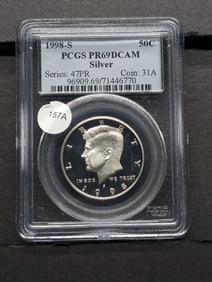 1998-S Silver Kennedy Half. Slabbed by PCGS, top grader, as Proof 69, Deep Cameo.