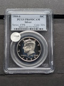1999-S Silver Kennedy Half. Slabbed by PCGS, top grader, as Proof 69, Deep Cameo.