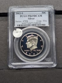 2002 S Silver Kennedy Half. Slabbed by PCGS, top grader, as Proof 69, Deep Cameo.