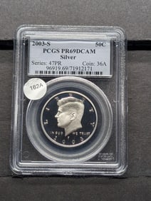 2003 S Silver Kennedy Half. Slabbed by PCGS, top grader, as Proof 69, Deep Cameo.