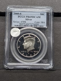 2005 S Silver Kennedy Half. Slabbed by PCGS, top grader, as Proof 69, Deep Cameo.