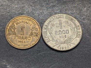 1924 Brazil 2000 Silver Reis & 1944 France 1 Franc