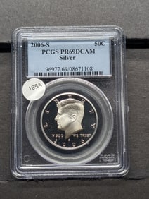 2006 S Silver Kennedy Half. Slabbed by PCGS, top grader, as Proof 69, Deep Cameo.