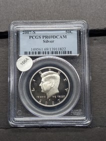 2007 S Silver Kennedy Half. Slabbed by PCGS, top grader, as Proof 69, Deep Cameo.