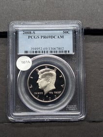2008 S Silver Kennedy Half. Slabbed by PCGS, top grader, as Proof 69, Deep Cameo.