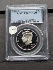 2009 S Silver Kennedy Half. Slabbed by PCGS, top grader, as Proof 69, Deep Cameo.
