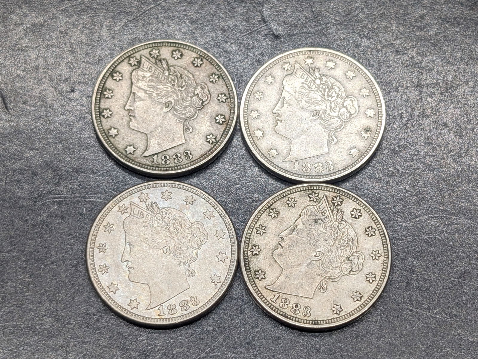 Lot of Four 1883 Liberty Head No Cents V-Nickels. Better Grade. (1 of 2)