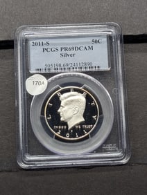 2011-S Silver Kennedy Half. Slabbed by PCGS, top grader, as Proof 69, Deep Cameo.