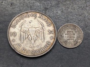 1934-A Germany 5 Silver Reichsmarks & 1878 British-India 2 Silver Annas