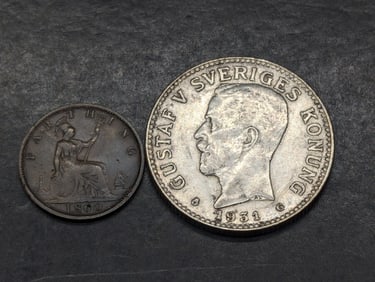 1860 Great Britain 1 Farthing & 1931-G Sweden 2 Silver Kronor (KM-787)