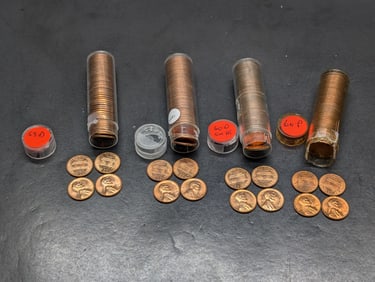 4 Lincoln Cent Rolls: 1959 D, 60 P, 60-D Small Date, and 62 D. Choice/GEM Red BU.