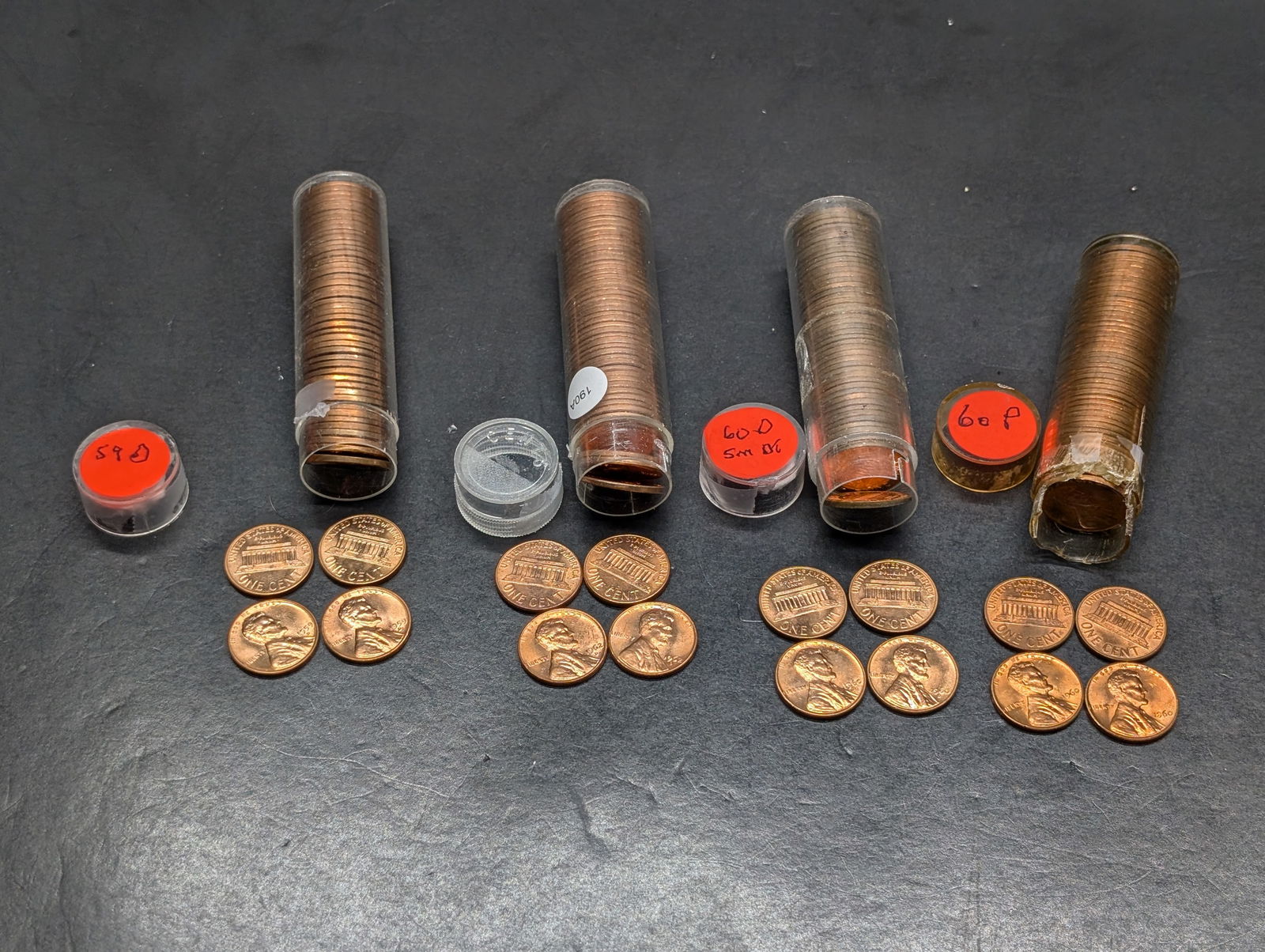 4 Lincoln Cent Rolls: 1959 D, 60 P, 60-D Small Date, and 62 D. Choice/GEM Red BU. (1 of 6)