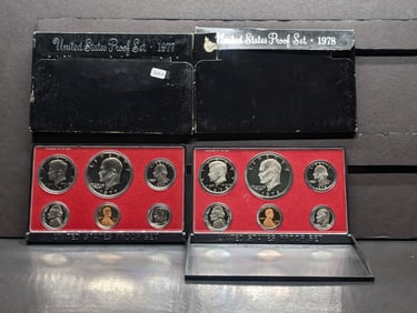 1977-S and 1978-S US Proof Sets in original boxes. Both have Eisenhower $1s. GEM.