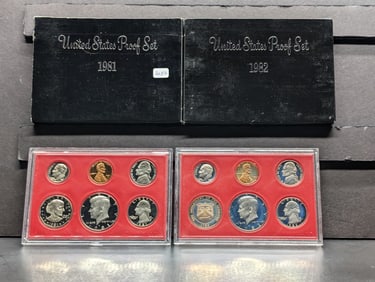 1981-S and 1982-S US Proof Sets in original boxes. 81 has the SBA $1. GEM.