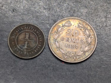 1872-H Straits Settlements 1/4 Cent & 1887 Nicaragua 20 Silver Centavos