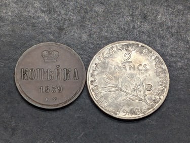 1918 France 2 Silver Francs & 1859-EM Soviet 1 Kopek