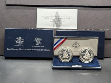 2000-P PROOF Leif Ericson Millennium Commem 2-Coin Silver Dollar Set in OGP w/ COA. Both Coins Are