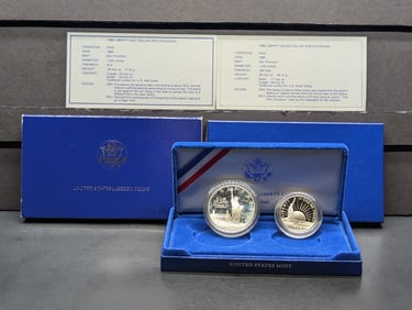 1986-S PROOF Statue of Liberty Commem 2-Coin Set in OGP w/ COA. 90% Silver Dollar & Clad Half