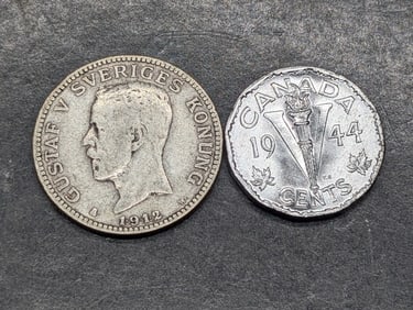 1944 Canada 5 Cents *MS* & 1912-W Sweden 1 Silver Krona (KM-786.1)
