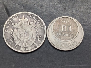 186x France 5 Silver Francs w/ Damage & 1957 Tunisia 100 Francs