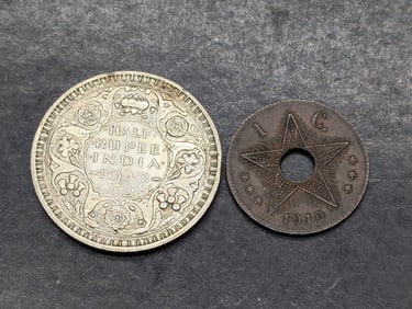1942 India 1/2 Silver Rupee & 1910 Belgian Congo 1 Centime