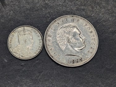 1910 Straits Settlements 5 Silver Cents & 1893 Portugal 200 Silver Reis