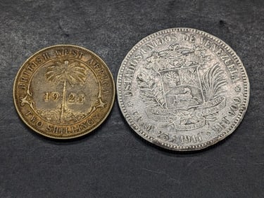 1923 British West Africa 2 Shillings & 1911 South American 5 Silver Bolivares