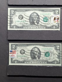 Lot of Two 1976 Series $2.00 Federal Reserve Notes w/ First Day of Issue Stamps
