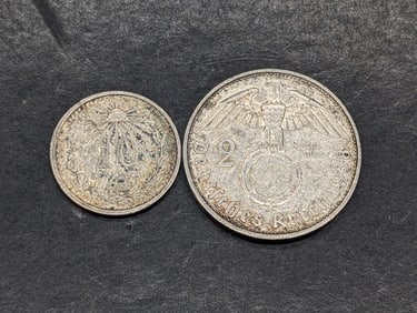 1938-F Germany 2 Silver Reichsmark & 1906 Mexico 10 Silver Centavos