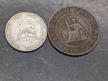 1887 French Indo-China 1 Cent & 1905 Great Britain 1 Silver Shilling