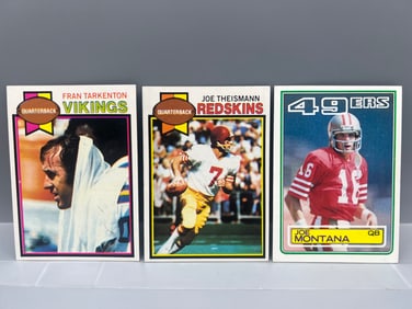 1979 Topps Fran Tarkenton #200, Joe Theismann #155, & 1983 Topps Joe Montana 2nd Year #169